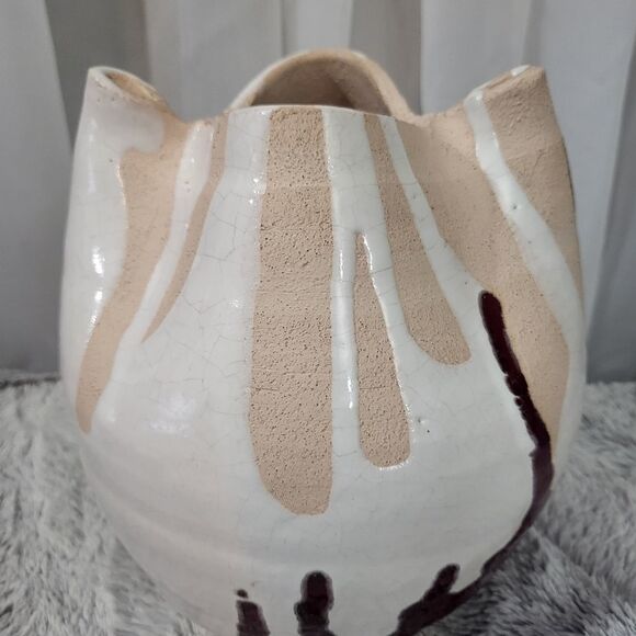 Vtg handmade pottery signed Claire '92 peach color with white & red drip glaze - Picture 5 of 9